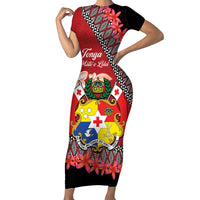 Personalised Tonga Language Week Family Matching Short Sleeve Bodycon Dress and Hawaiian Shirt Malo e Lelei Tongan Ngatu Pattern - Red