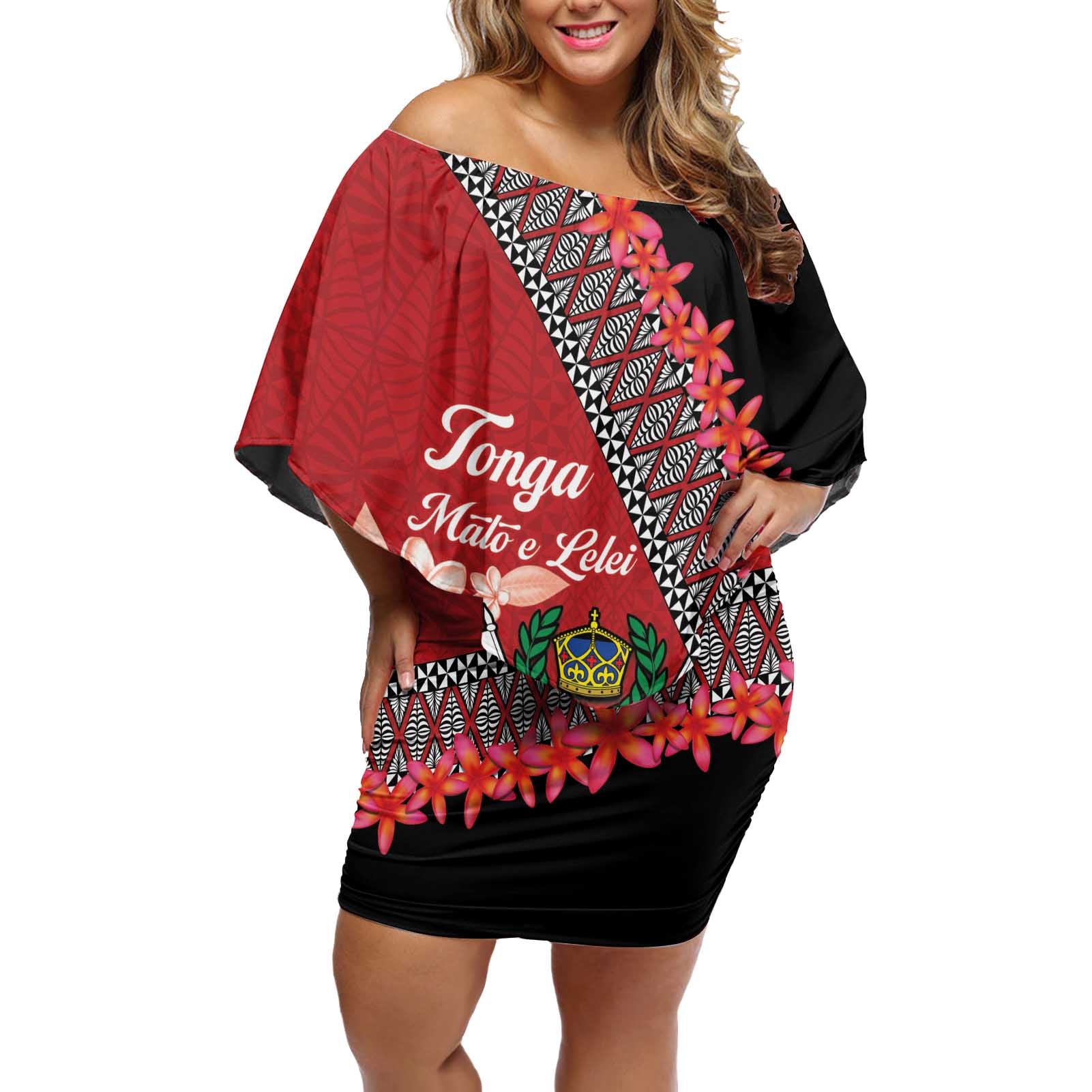 Personalised Tonga Language Week Off Shoulder Short Dress Malo e Lelei Tongan Ngatu Pattern - Red