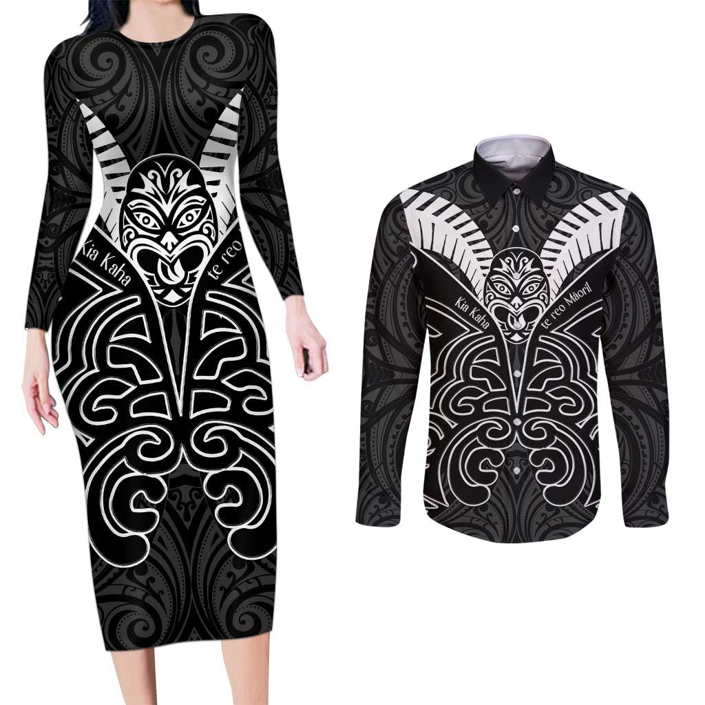 Kia Kaha Te Reo Maori Couples Matching Long Sleeve Bodycon Dress and Long Sleeve Button Shirt Aotearoa Hei Tiki With Hongi