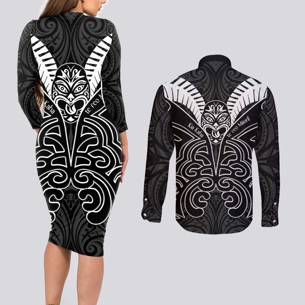Kia Kaha Te Reo Maori Couples Matching Long Sleeve Bodycon Dress and Long Sleeve Button Shirt Aotearoa Hei Tiki With Hongi