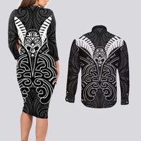 Kia Kaha Te Reo Maori Couples Matching Long Sleeve Bodycon Dress and Long Sleeve Button Shirt Aotearoa Hei Tiki With Hongi