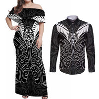 Kia Kaha Te Reo Maori Couples Matching Off Shoulder Maxi Dress and Long Sleeve Button Shirt Aotearoa Hei Tiki With Hongi