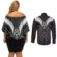 Kia Kaha Te Reo Maori Couples Matching Off Shoulder Short Dress and Long Sleeve Button Shirt Aotearoa Hei Tiki With Hongi