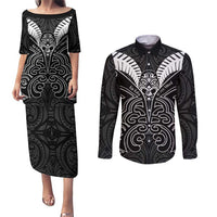 Kia Kaha Te Reo Maori Couples Matching Puletasi and Long Sleeve Button Shirt Aotearoa Hei Tiki With Hongi