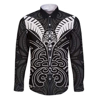 Kia Kaha Te Reo Maori Family Matching Long Sleeve Bodycon Dress and Hawaiian Shirt Aotearoa Hei Tiki With Hongi LT14 Dad's Shirt - Long Sleeve Black - Polynesian Pride