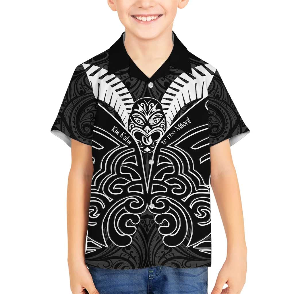 Kia Kaha Te Reo Maori Family Matching Long Sleeve Bodycon Dress and Hawaiian Shirt Aotearoa Hei Tiki With Hongi LT14 Son's Shirt Black - Polynesian Pride