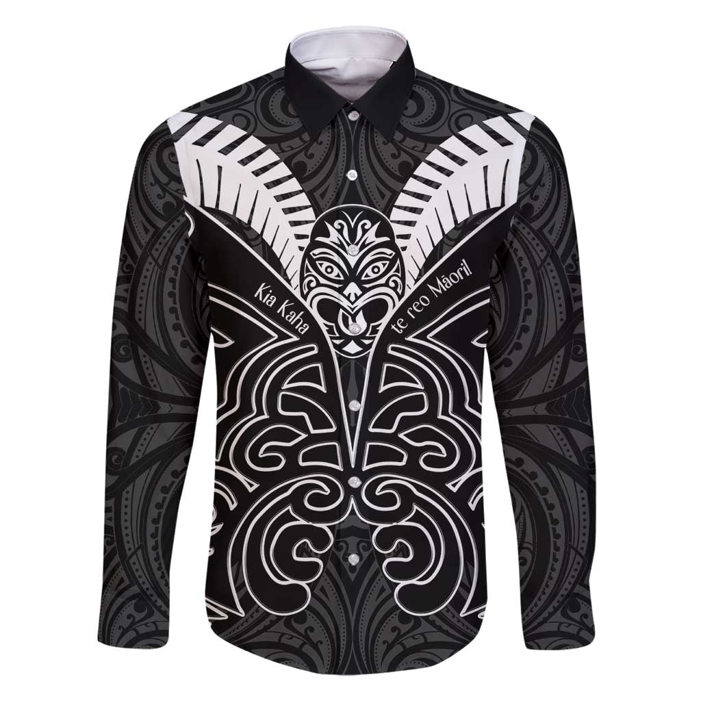 Kia Kaha Te Reo Maori Family Matching Mermaid Dress and Hawaiian Shirt Aotearoa Hei Tiki With Hongi LT14 Dad's Shirt - Long Sleeve Black - Polynesian Pride