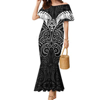 Kia Kaha Te Reo Maori Family Matching Mermaid Dress and Hawaiian Shirt Aotearoa Hei Tiki With Hongi LT14 Mom's Dress Black - Polynesian Pride