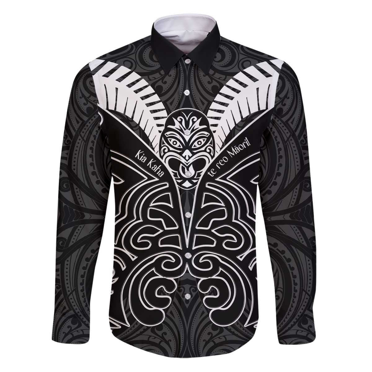 Kia Kaha Te Reo Maori Family Matching Puletasi and Hawaiian Shirt Aotearoa Hei Tiki With Hongi LT14 Dad's Shirt - Long Sleeve Black - Polynesian Pride