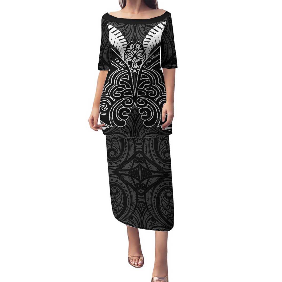 Kia Kaha Te Reo Maori Family Matching Puletasi and Hawaiian Shirt Aotearoa Hei Tiki With Hongi LT14 Mom's Dress Black - Polynesian Pride