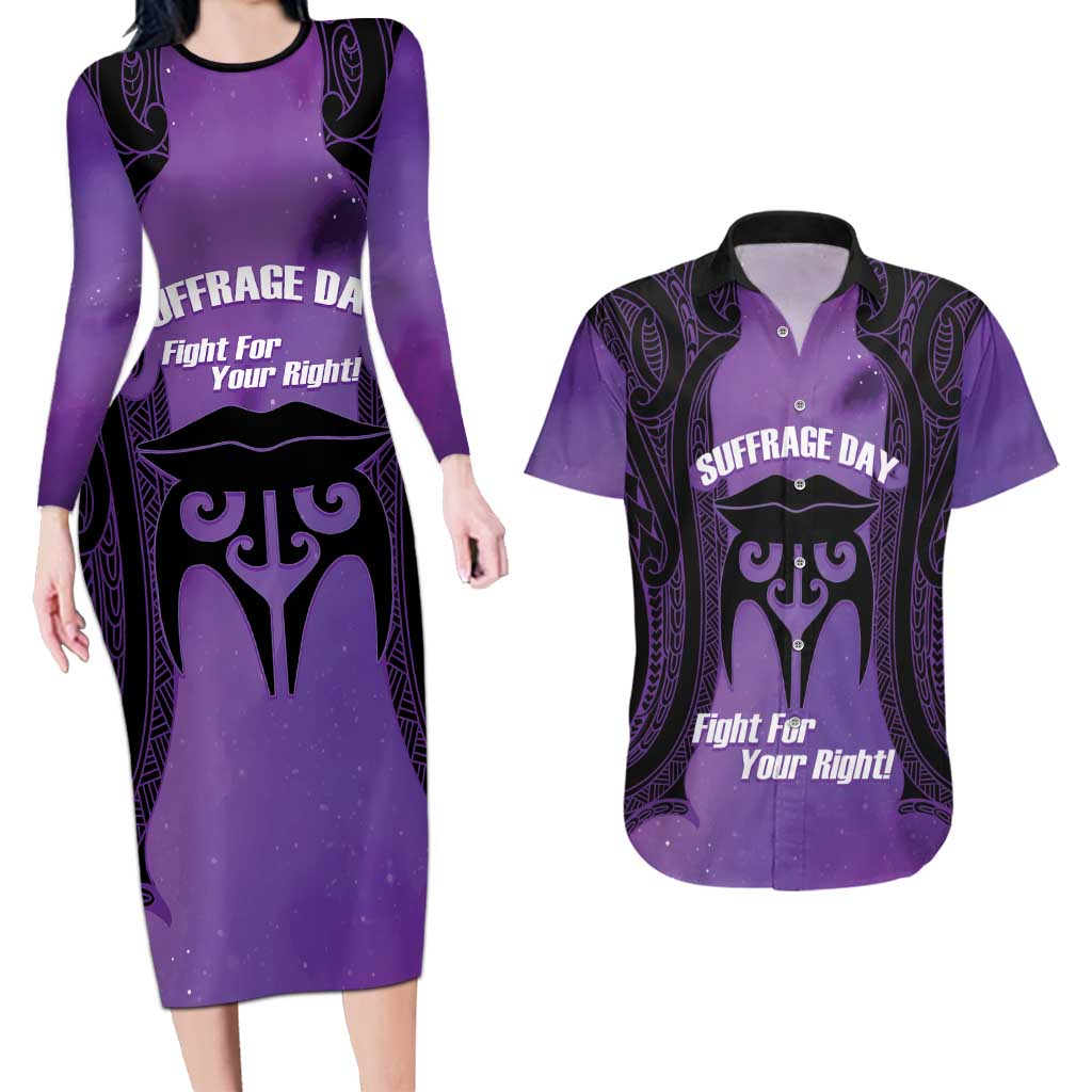 Personalised New Zealand Suffrage Day Couples Matching Long Sleeve Bodycon Dress and Hawaiian Shirt Maori Tattoo Galaxy Vibe LT14 Purple - Polynesian Pride