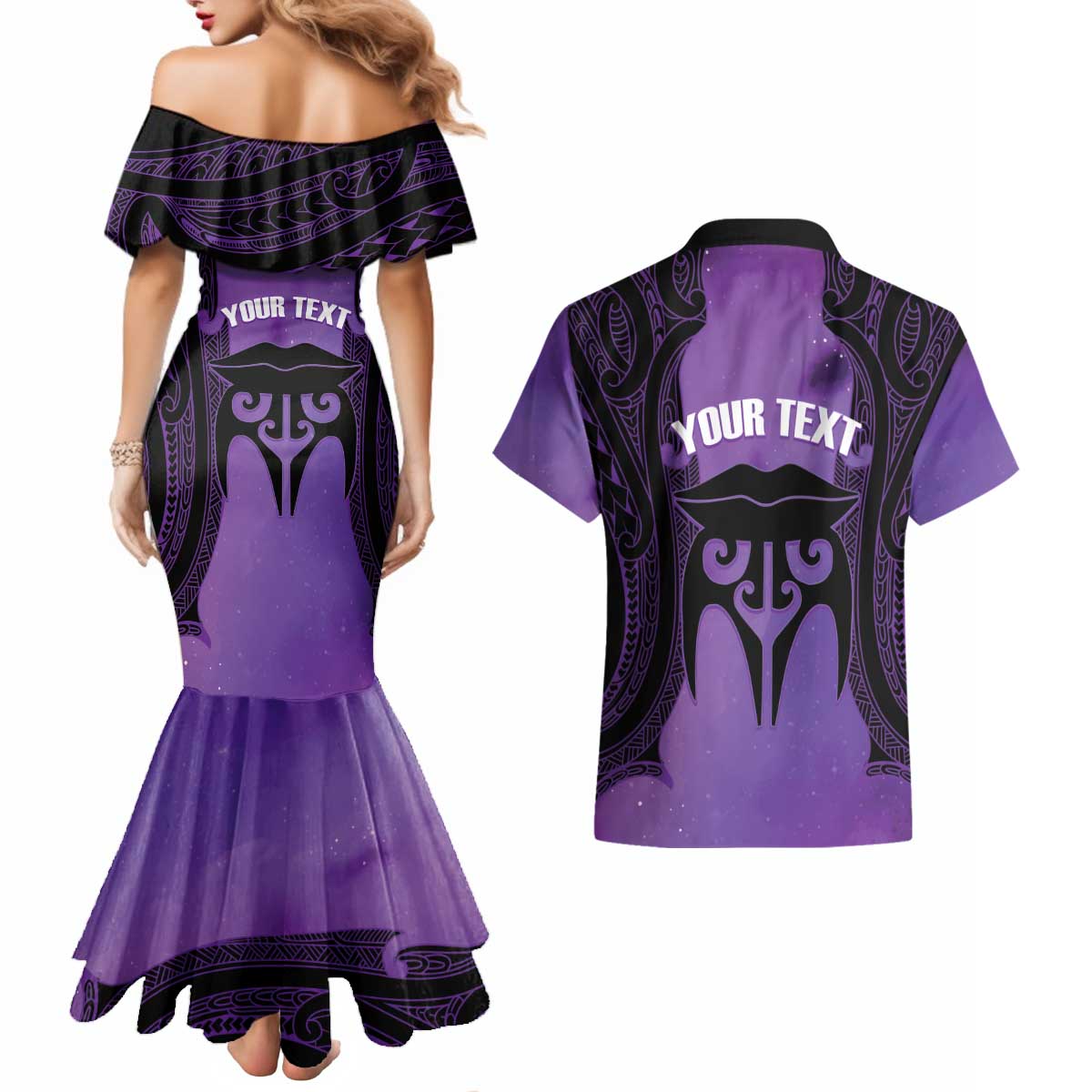 Personalised New Zealand Suffrage Day Couples Matching Mermaid Dress and Hawaiian Shirt Maori Tattoo Galaxy Vibe LT14 - Polynesian Pride
