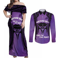 Personalised New Zealand Suffrage Day Couples Matching Off Shoulder Maxi Dress and Long Sleeve Button Shirt Maori Tattoo Galaxy Vibe LT14 Purple - Polynesian Pride