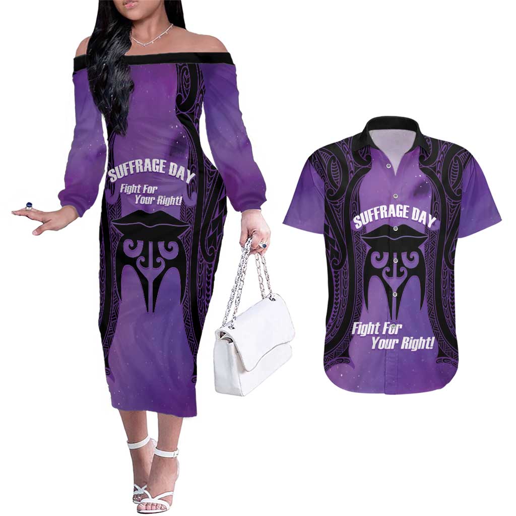 Personalised New Zealand Suffrage Day Couples Matching Off The Shoulder Long Sleeve Dress and Hawaiian Shirt Maori Tattoo Galaxy Vibe - Polynesian Pride