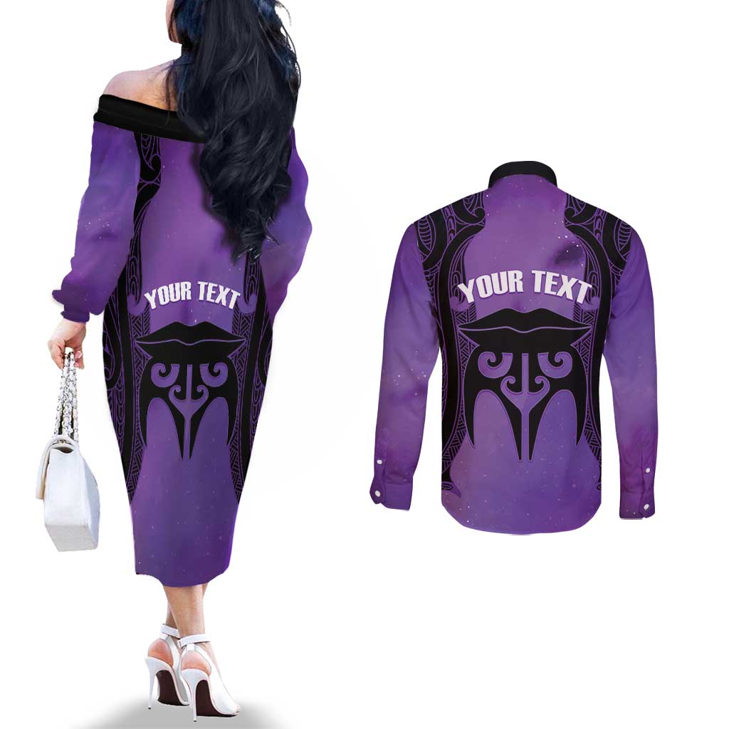 Personalised New Zealand Suffrage Day Couples Matching Off The Shoulder Long Sleeve Dress and Long Sleeve Button Shirt Maori Tattoo Galaxy Vibe LT14 - Polynesian Pride