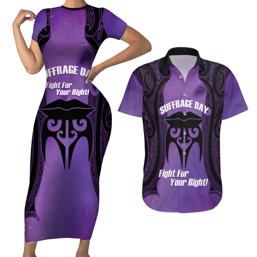 Personalised New Zealand Suffrage Day Couples Matching Short Sleeve Bodycon Dress and Hawaiian Shirt Maori Tattoo Galaxy Vibe LT14 Purple - Polynesian Pride