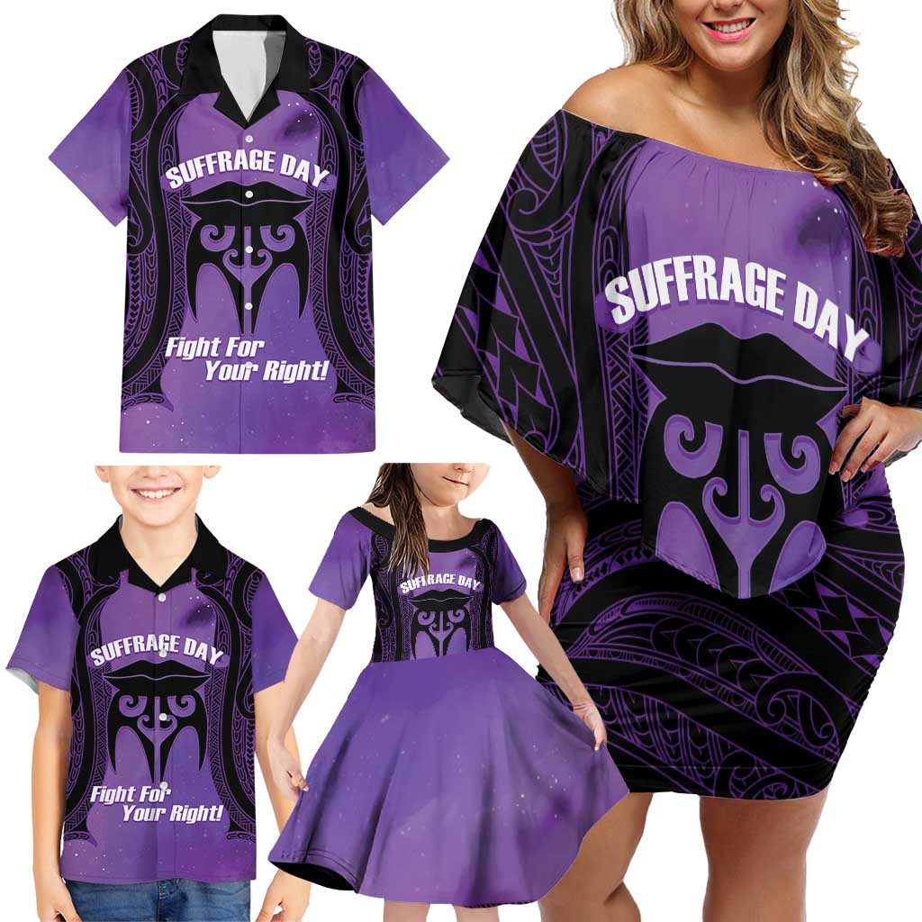 Personalised New Zealand Suffrage Day Family Matching Off Shoulder Short Dress and Hawaiian Shirt Maori Tattoo Galaxy Vibe - Polynesian Pride