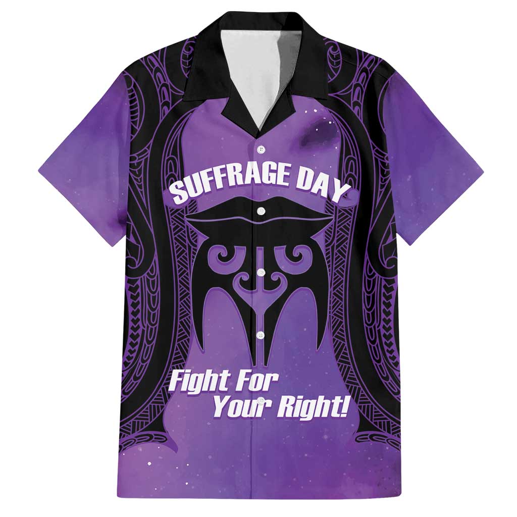 Personalised New Zealand Suffrage Day Family Matching Puletasi and Hawaiian Shirt Maori Tattoo Galaxy Vibe LT14 Dad's Shirt - Short Sleeve Purple - Polynesian Pride