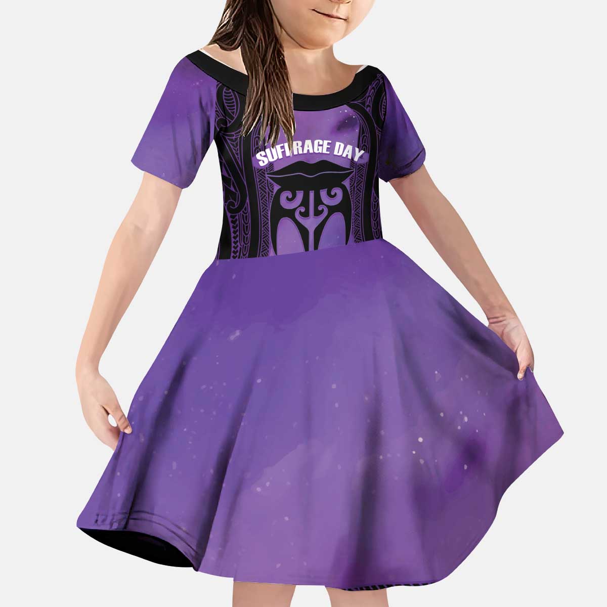 Personalised New Zealand Suffrage Day Kid Short Sleeve Dress Maori Tattoo Galaxy Vibe - Polynesian Pride