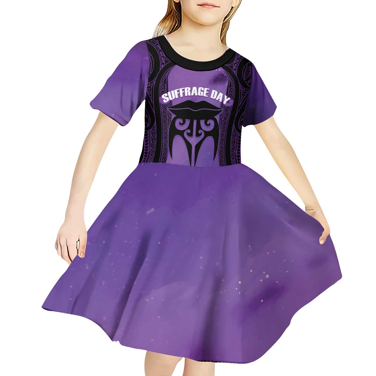 Personalised New Zealand Suffrage Day Kid Short Sleeve Dress Maori Tattoo Galaxy Vibe - Polynesian Pride
