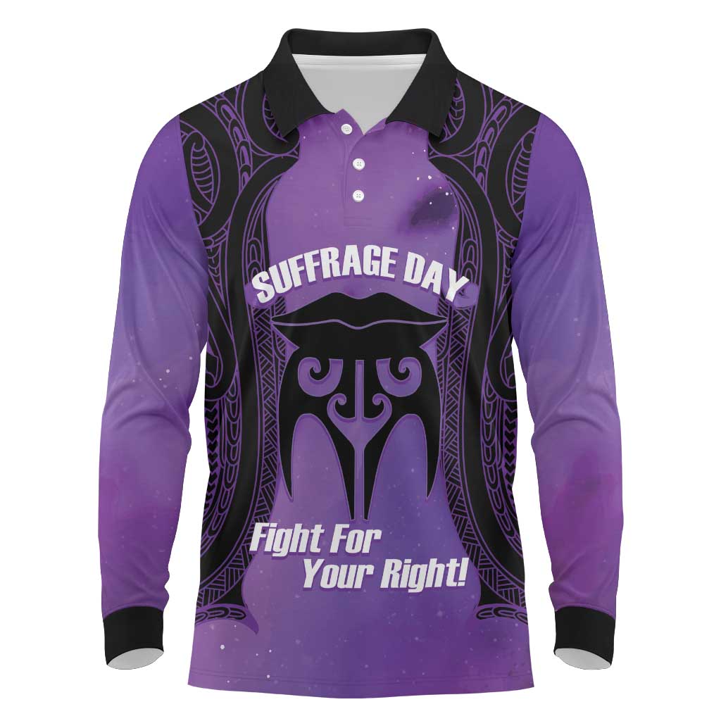 Personalised New Zealand Suffrage Day Long Sleeve Polo Shirt Maori Tattoo Galaxy Vibe - Polynesian Pride