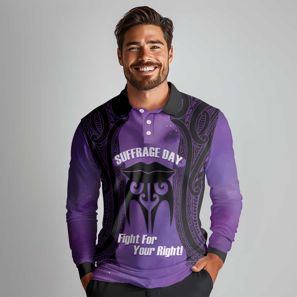 Personalised New Zealand Suffrage Day Long Sleeve Polo Shirt Maori Tattoo Galaxy Vibe - Polynesian Pride