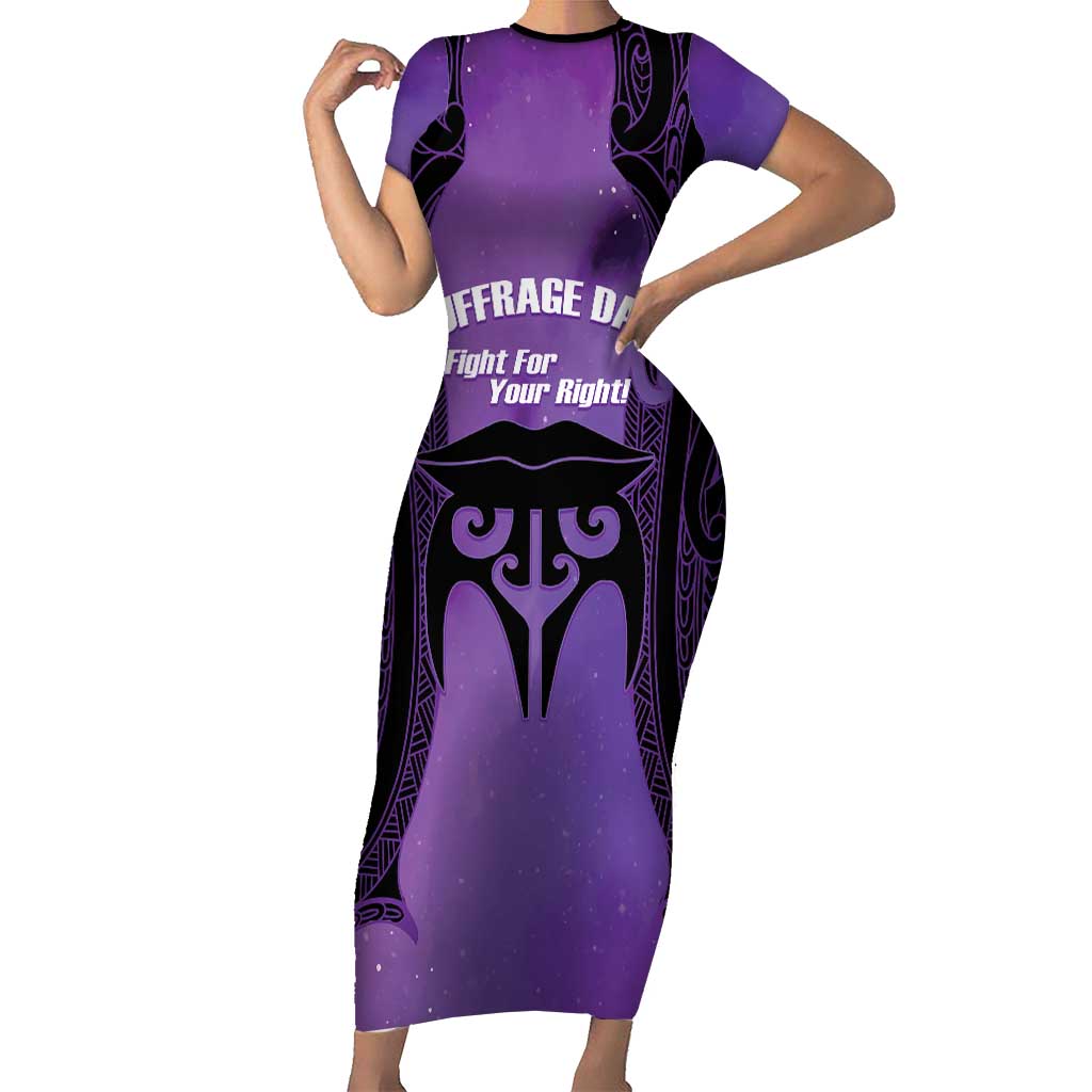 Personalised New Zealand Suffrage Day Short Sleeve Bodycon Dress Maori Tattoo Galaxy Vibe - Polynesian Pride