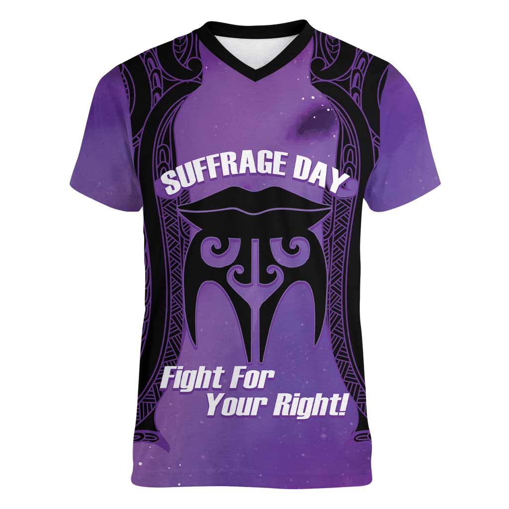 Personalised New Zealand Suffrage Day Women V-Neck T-Shirt Maori Tattoo Galaxy Vibe LT14 Female Purple - Polynesian Pride