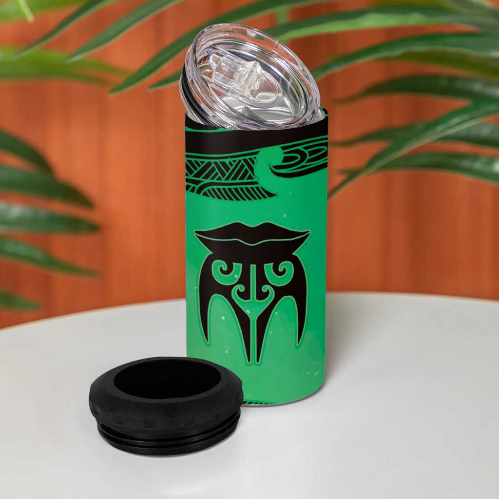 Personalised Moko Kauae New Zealand 4 in 1 Can Cooler Tumbler Maori Chin Tattoo Green - Polynesian Pride