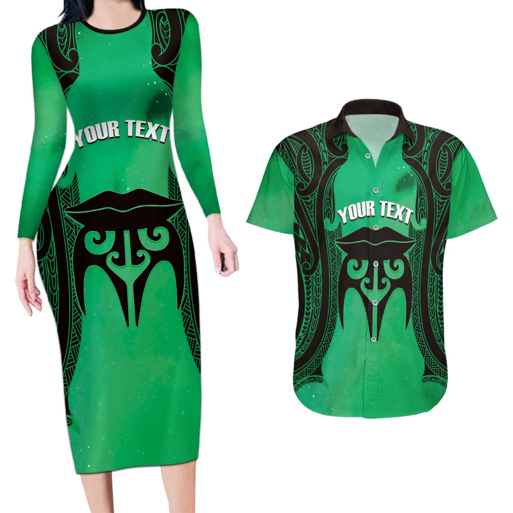 Personalised Moko Kauae New Zealand Couples Matching Long Sleeve Bodycon Dress and Hawaiian Shirt Maori Chin Tattoo Green - Polynesian Pride