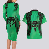 Personalised Moko Kauae New Zealand Couples Matching Long Sleeve Bodycon Dress and Hawaiian Shirt Maori Chin Tattoo Green LT14 - Polynesian Pride
