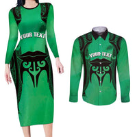 Personalised Moko Kauae New Zealand Couples Matching Long Sleeve Bodycon Dress and Long Sleeve Button Shirt Maori Chin Tattoo Green LT14 Green - Polynesian Pride