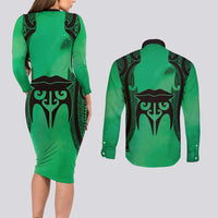 Personalised Moko Kauae New Zealand Couples Matching Long Sleeve Bodycon Dress and Long Sleeve Button Shirt Maori Chin Tattoo Green LT14 - Polynesian Pride