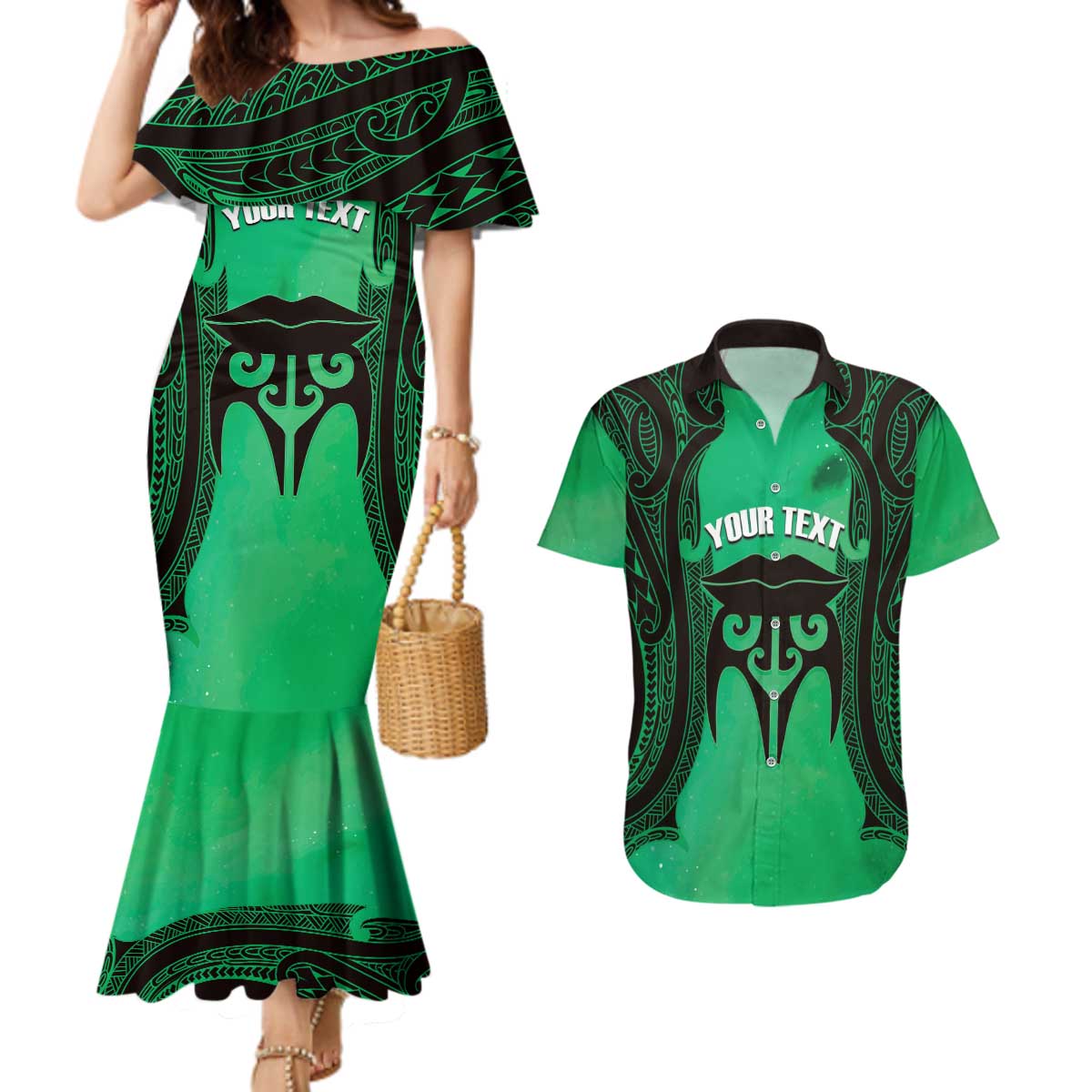 Personalised Moko Kauae New Zealand Couples Matching Mermaid Dress and Hawaiian Shirt Maori Chin Tattoo Green - Polynesian Pride
