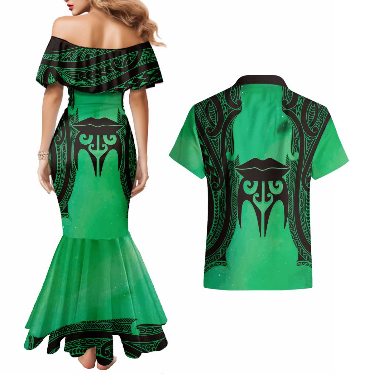 Personalised Moko Kauae New Zealand Couples Matching Mermaid Dress and Hawaiian Shirt Maori Chin Tattoo Green LT14 - Polynesian Pride