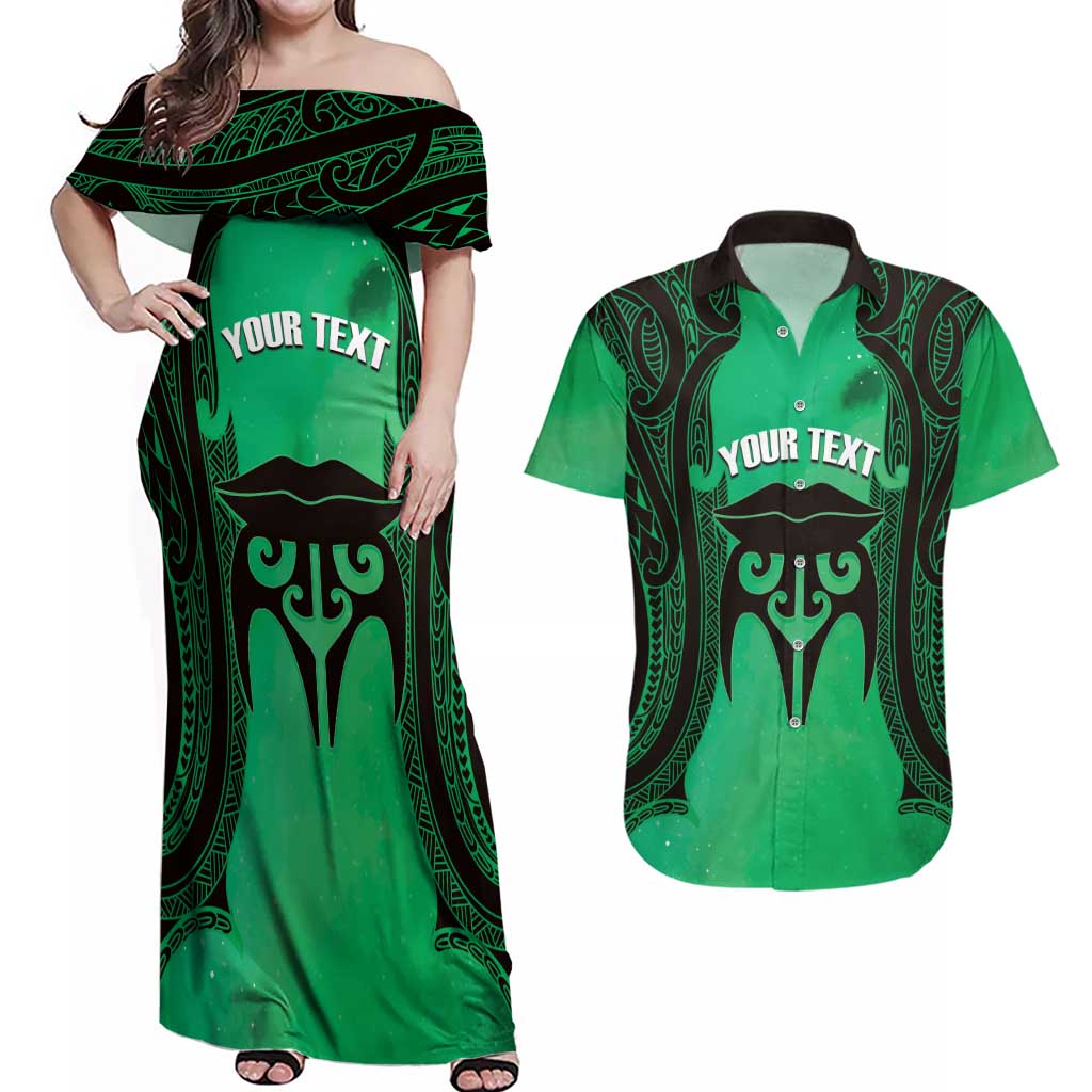 Personalised Moko Kauae New Zealand Couples Matching Off Shoulder Maxi Dress and Hawaiian Shirt Maori Chin Tattoo Green - Polynesian Pride