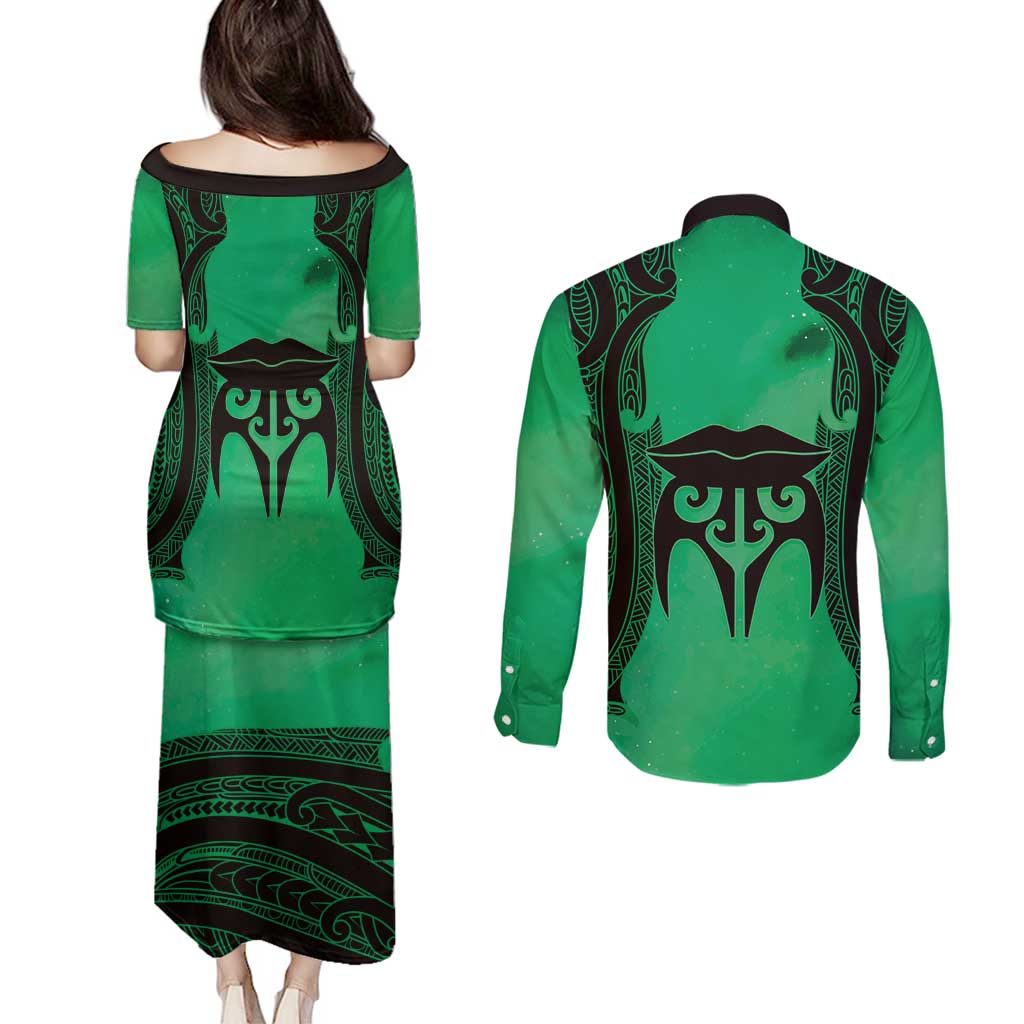 Personalised Moko Kauae New Zealand Couples Matching Puletasi and Long Sleeve Button Shirt Maori Chin Tattoo Green LT14 - Polynesian Pride