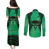 Personalised Moko Kauae New Zealand Couples Matching Puletasi and Long Sleeve Button Shirt Maori Chin Tattoo Green LT14 - Polynesian Pride