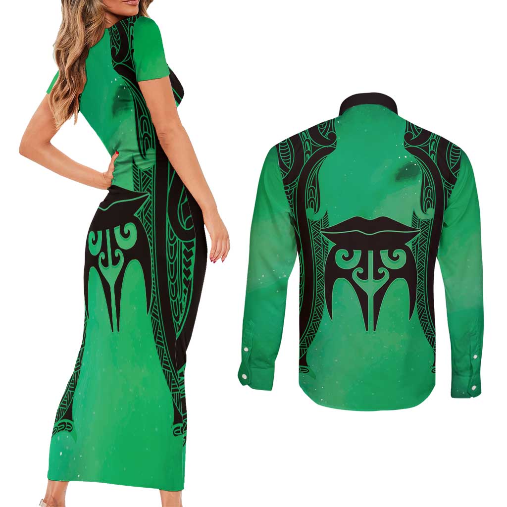 Personalised Moko Kauae New Zealand Couples Matching Short Sleeve Bodycon Dress and Long Sleeve Button Shirt Maori Chin Tattoo Green LT14 - Polynesian Pride