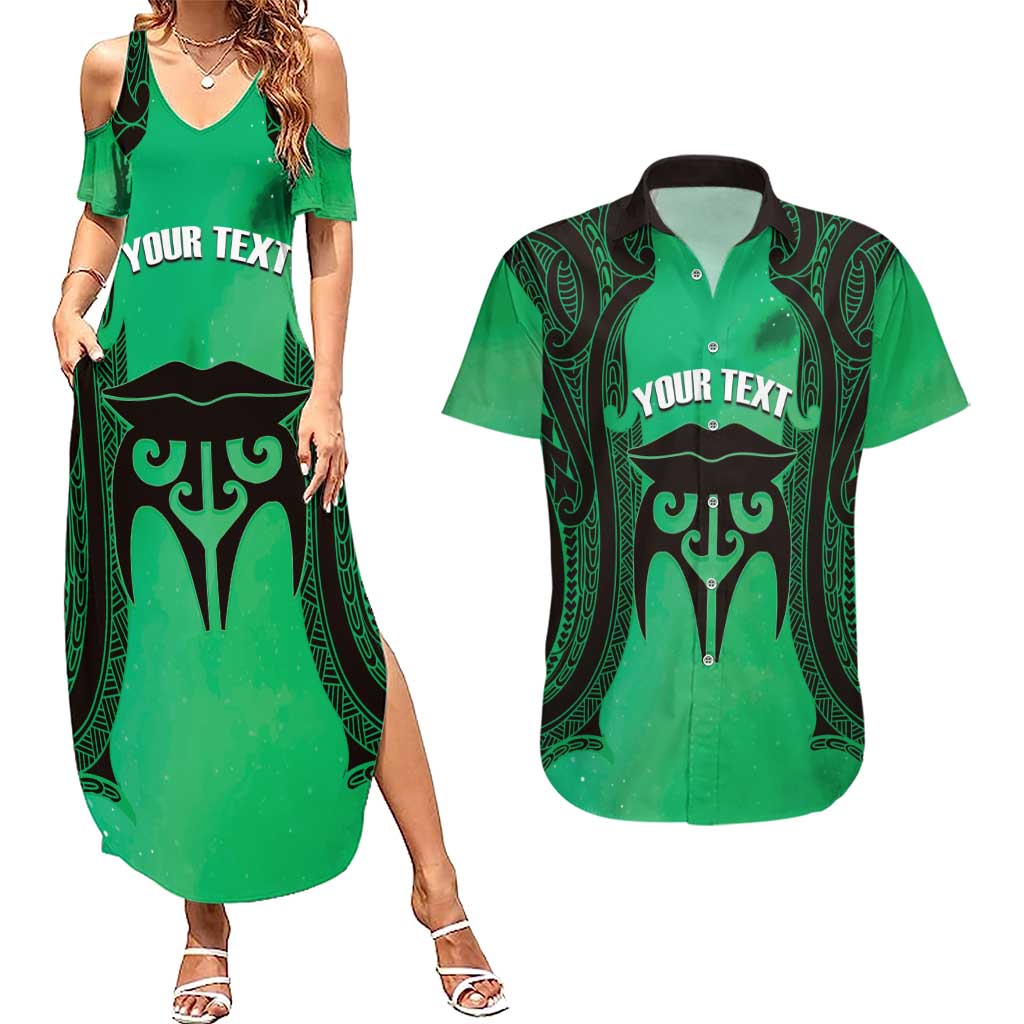 Personalised Moko Kauae New Zealand Couples Matching Summer Maxi Dress and Hawaiian Shirt Maori Chin Tattoo Green - Polynesian Pride