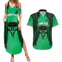 Personalised Moko Kauae New Zealand Couples Matching Summer Maxi Dress and Hawaiian Shirt Maori Chin Tattoo Green LT14 Green - Polynesian Pride