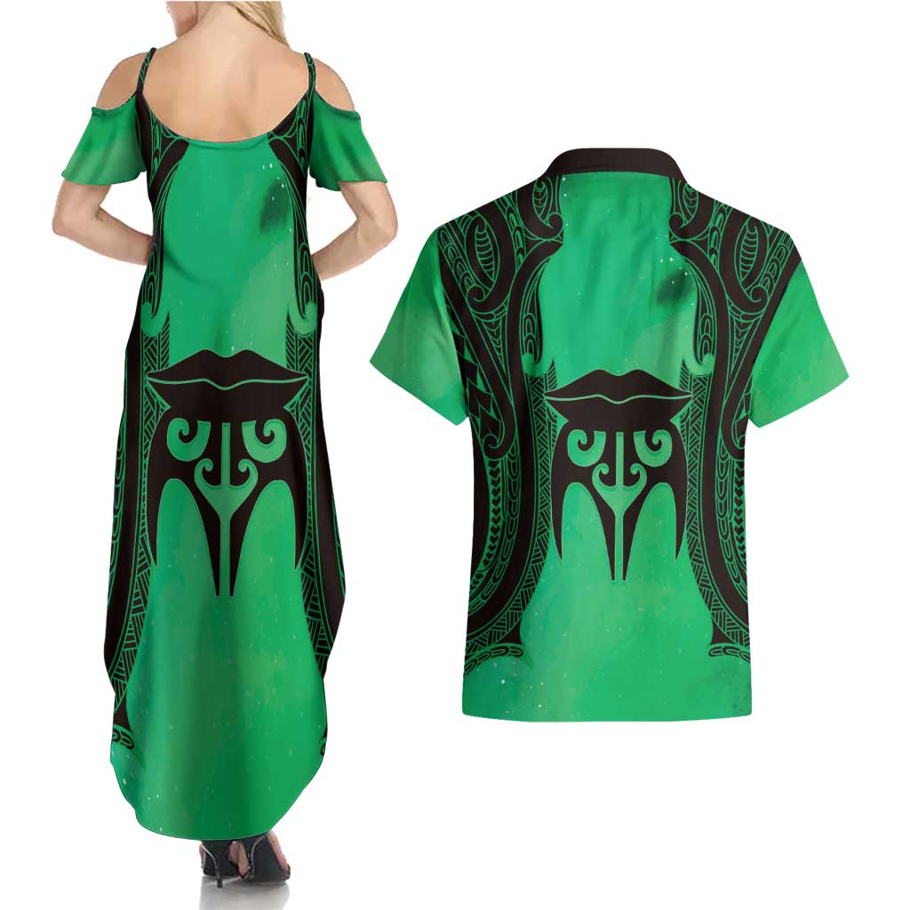 Personalised Moko Kauae New Zealand Couples Matching Summer Maxi Dress and Hawaiian Shirt Maori Chin Tattoo Green LT14 - Polynesian Pride