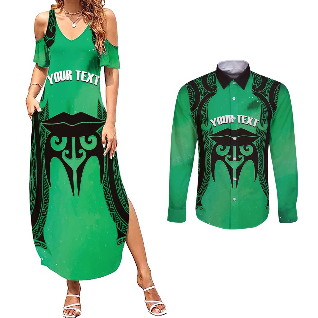 Personalised Moko Kauae New Zealand Couples Matching Summer Maxi Dress and Long Sleeve Button Shirt Maori Chin Tattoo Green LT14 Green - Polynesian Pride