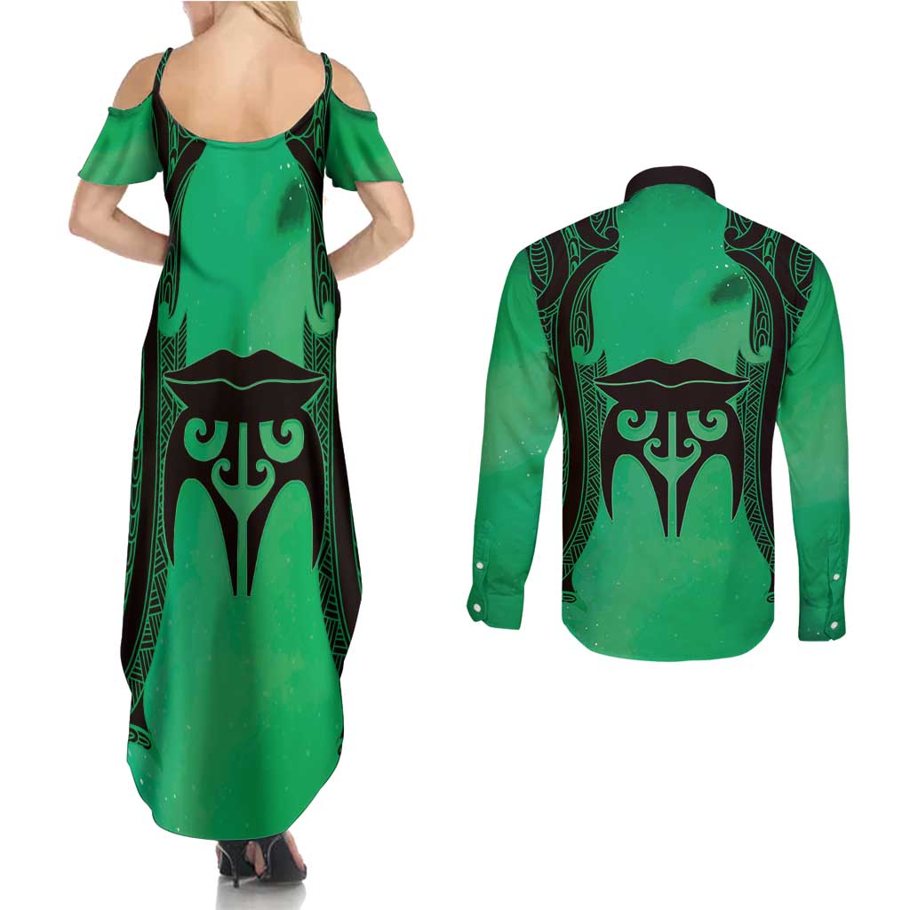 Personalised Moko Kauae New Zealand Couples Matching Summer Maxi Dress and Long Sleeve Button Shirt Maori Chin Tattoo Green LT14 - Polynesian Pride