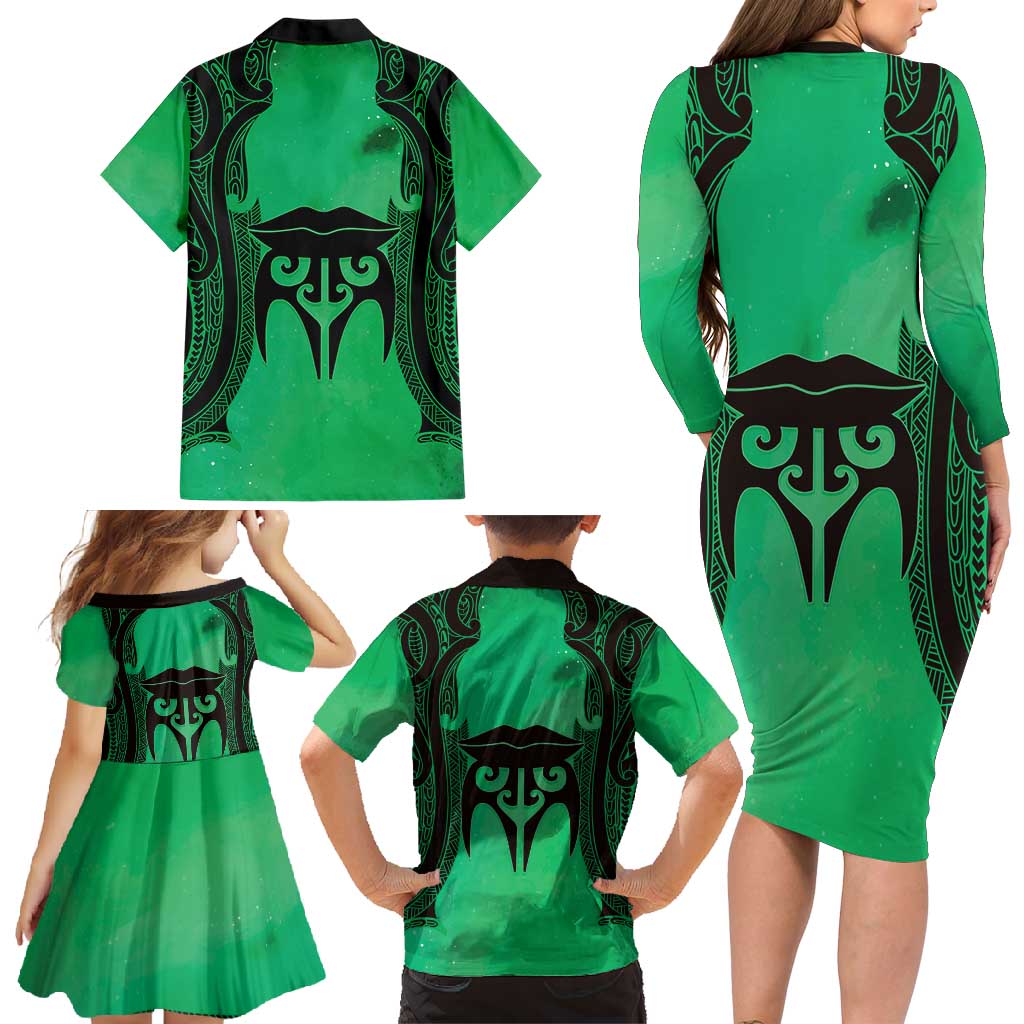 Personalised Moko Kauae New Zealand Family Matching Long Sleeve Bodycon Dress and Hawaiian Shirt Maori Chin Tattoo Green - Polynesian Pride