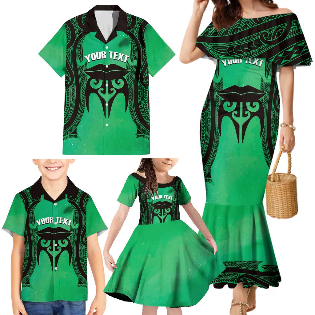 Personalised Moko Kauae New Zealand Family Matching Mermaid Dress and Hawaiian Shirt Maori Chin Tattoo Green - Polynesian Pride