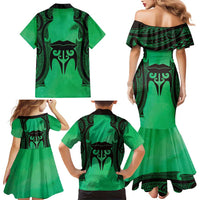 Personalised Moko Kauae New Zealand Family Matching Mermaid Dress and Hawaiian Shirt Maori Chin Tattoo Green - Polynesian Pride