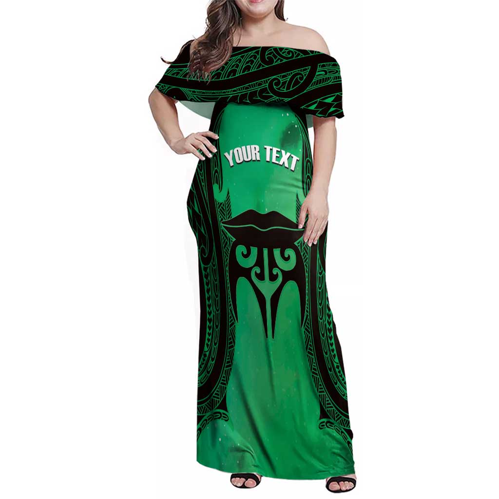 Personalised Moko Kauae New Zealand Family Matching Off Shoulder Maxi Dress and Hawaiian Shirt Maori Chin Tattoo Green - Polynesian Pride
