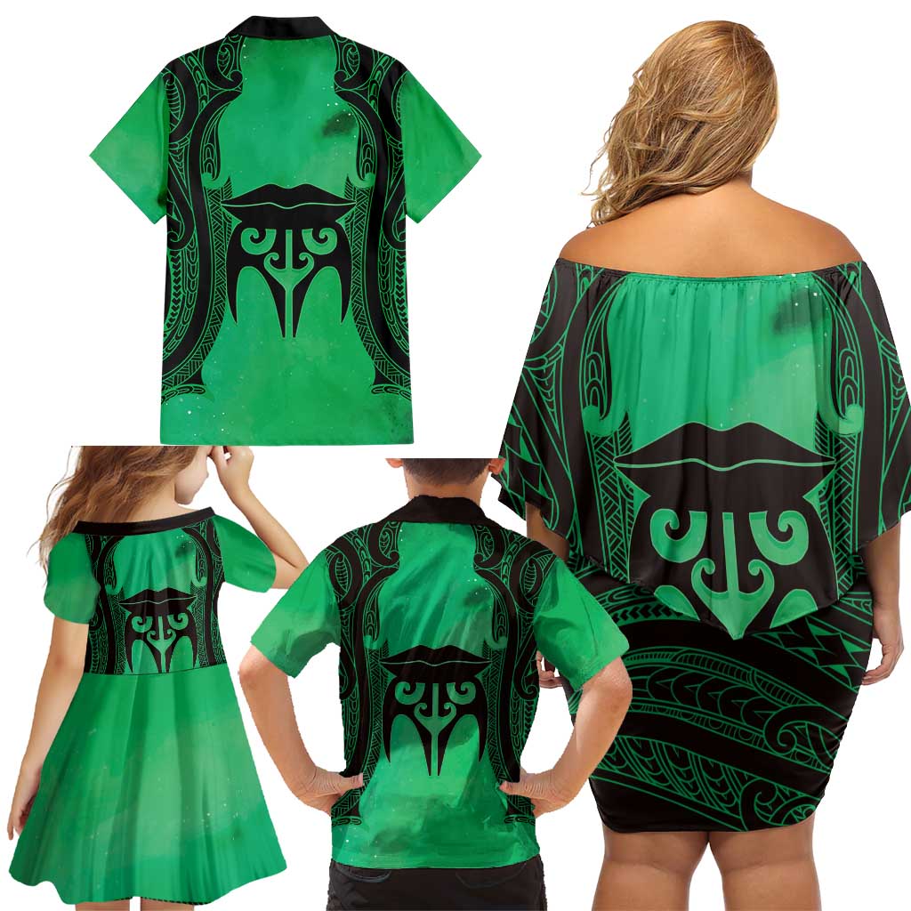 Personalised Moko Kauae New Zealand Family Matching Off Shoulder Short Dress and Hawaiian Shirt Maori Chin Tattoo Green - Polynesian Pride
