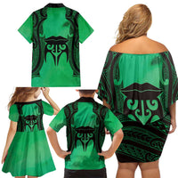 Personalised Moko Kauae New Zealand Family Matching Off Shoulder Short Dress and Hawaiian Shirt Maori Chin Tattoo Green - Polynesian Pride